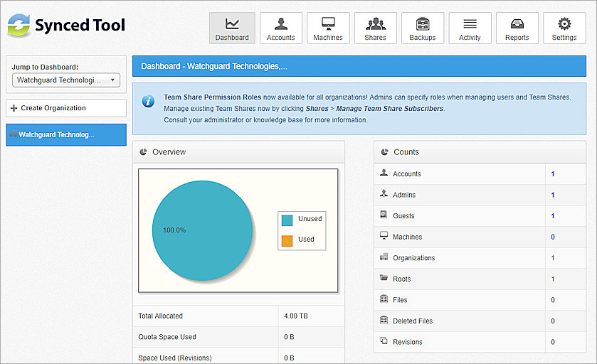 Screenshot that shows the Axcient Anchor dashboard page.